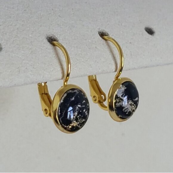 Elegant Hand Crafted Boho Black Gold Gemstone Marble Circle Drop Dangle Earrings - Picture 4 of 15